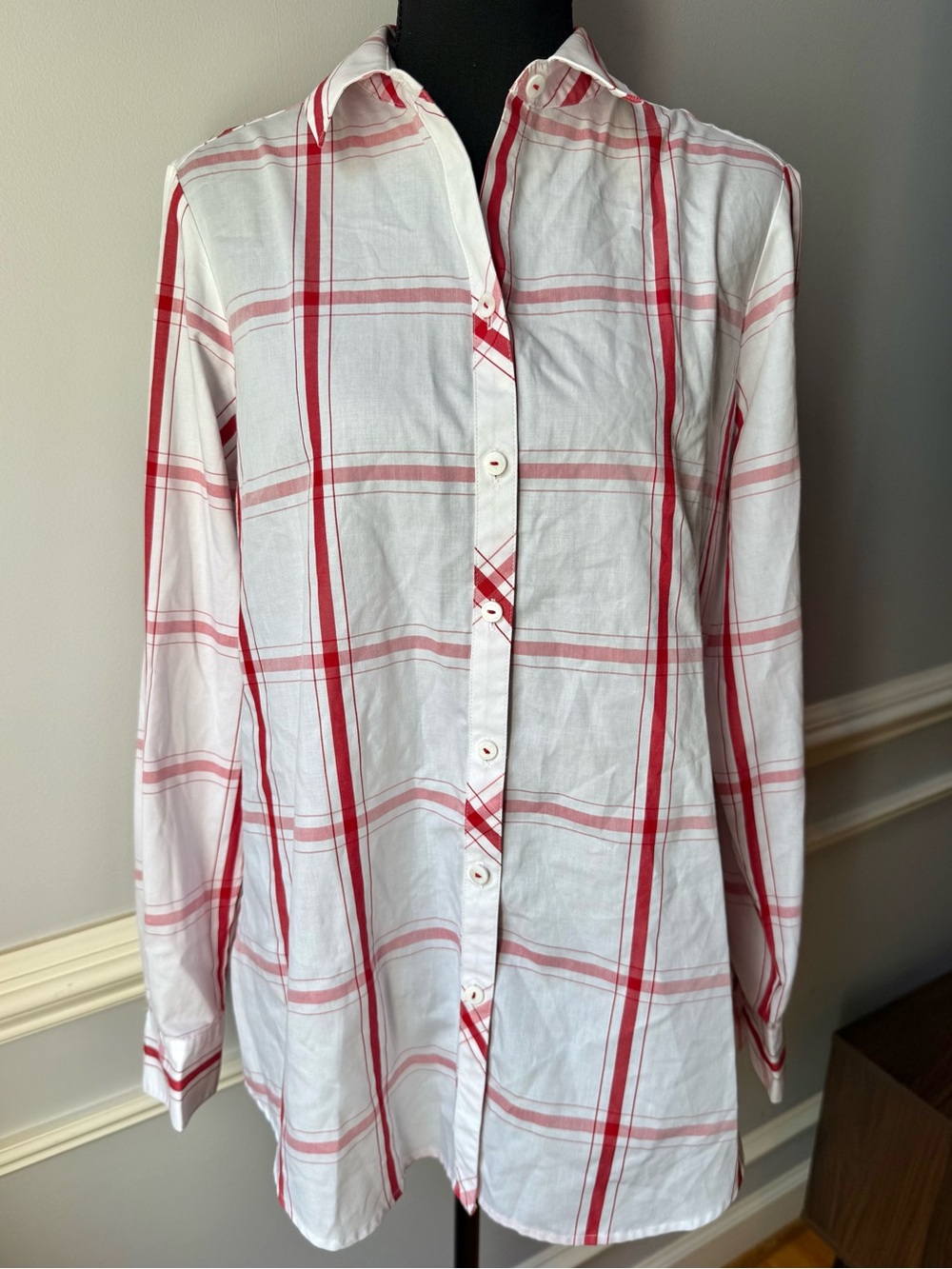 Foxcroft NYC Wrinkle Free Red White Plaid‎ Button Front Long Sleeve Shirt 10